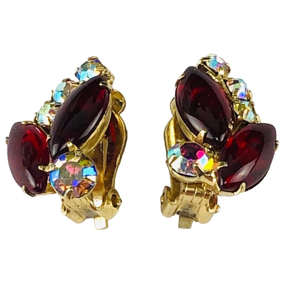 Vintage Earrings Gold Tone Red and A/B Rhinestones Clip On